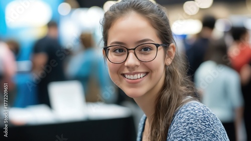 Smiling woman with glasses at a blurred event background, portrait, happy expression