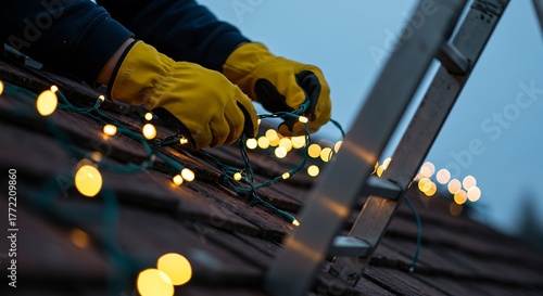 Man installing christmas lights on house roof, hristmas lights on a roof / festive home improvement scene