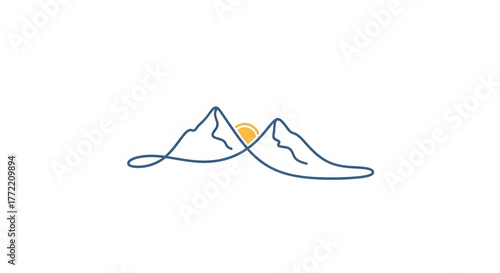 Continuous line art icon of a mountain range with a rising sun, symbolizing an infinite journey, nature, and outdoor adventure
