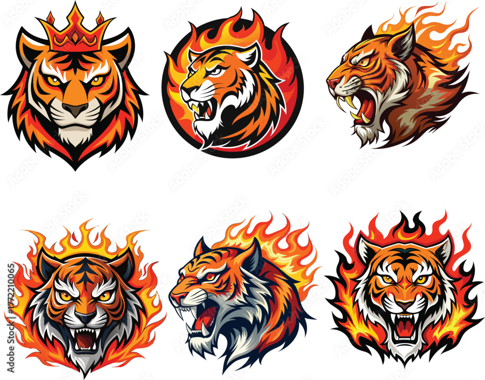Obraz premium Flaming Tiger Head Vector Pack, Tiger Head with Fire Vector Bundle