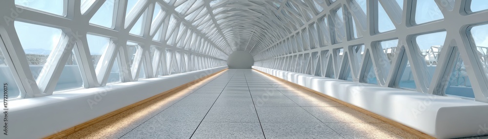 Obraz premium A futuristic geometric tunnel walkway with white triangular architecture bright natural light and panoramic outdoor views