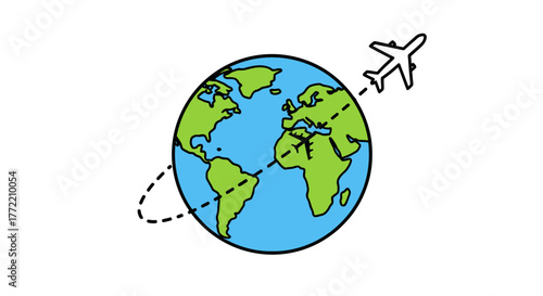 Stylized illustration of an airplane orbiting the globe, representing global travel, international connectivity, and worldwide journeys for adventure, tourism, and business