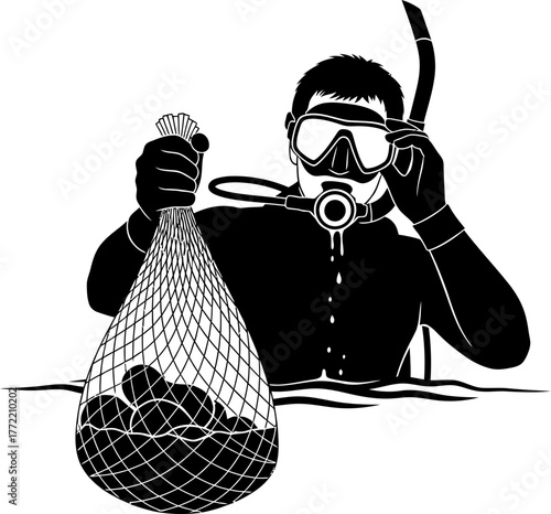 diver surfaces, triumphant, with a full net, reaping oceans bounty