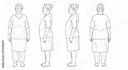 Elderly Woman with Kyphosis Posture in Multiple Views.