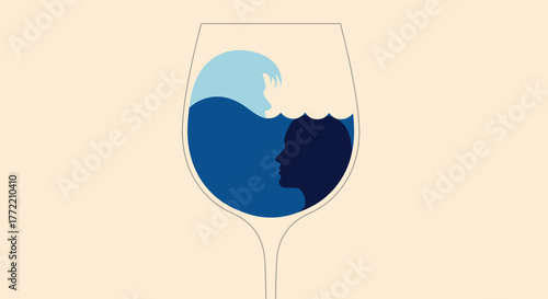 Silhouette of a persons head inside a wine glass filled with a wave, symbolizing inner turmoil or overwhelming emotions