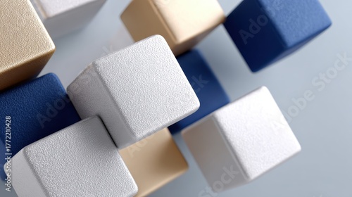 Floating geometric cubes of white beige and blue colors in abstract composition