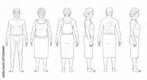 Set of anatomical illustrations showing human body from different angles.