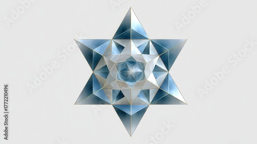 A complex multi faceted geometric star shaped crystal structure with a silver blue gradient