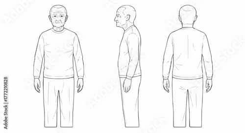 Elderly Man Posture Variations Front Side Back View.