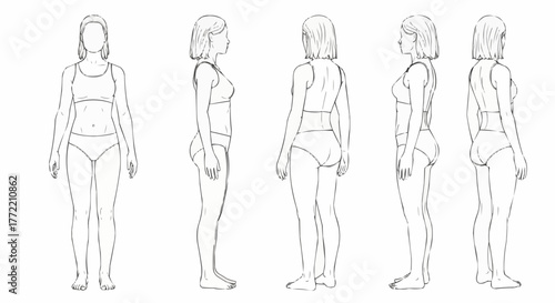 Female Figure Study - Anatomical Outline in Multiple Views.