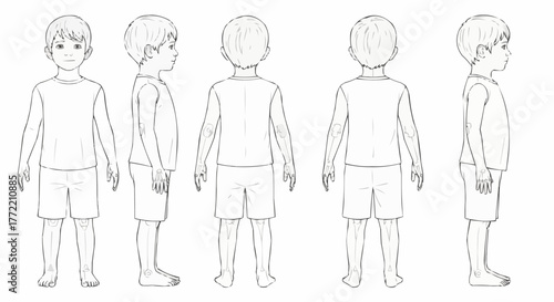 Character turnaround sheet illustration of a young boy from five angles.