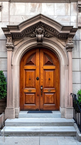 Elegant brown wooden double door with stone archway