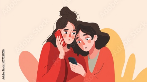 Two Concerned Women Looking at Smartphone in Bright Minimalist Illustration