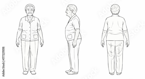Elderly Woman Front Side and Back View Illustration.