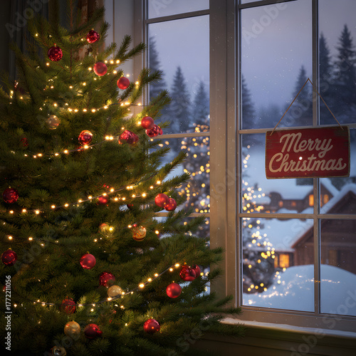 Cozy christmas tree lights glow through window displaying snowy village scene and festive sign