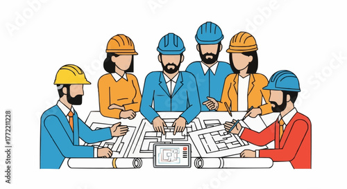 Diverse team of architects and engineers collaborating on construction blueprints.