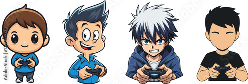 Cartoon gamer boys holding game controllers, playing video games with excitement, fun expressions, anime style characters, esports and gaming illustration.