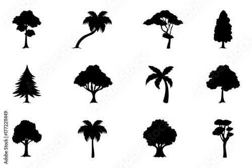 Tree icon set on white background. Symbol of oak, pine, mango, banyan, and coconut tree. Trees silhouette editable vector stock