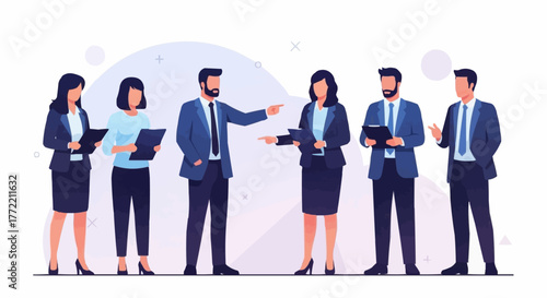 Professional business team members in formal attire discussing project details.