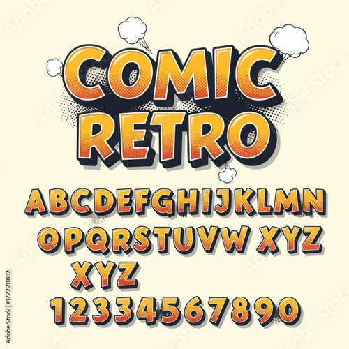 Dynamic comic retro font alphabet with numbers for vibrant designs and creativity