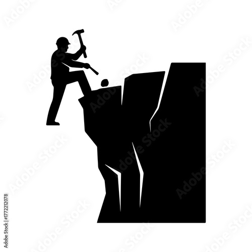Miner working with pickaxe on rock face with transparent background