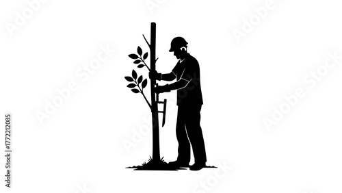 Gardener planting a young tree with transparent background