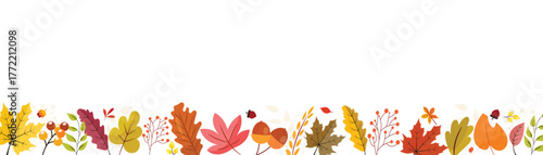 Autumn leaf fall horizontal banner. Thanksgiving and Harvest Day. Border with hand drawn cute colorful leaves. Vector illustration.