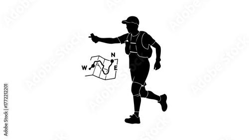 Trail runner navigating with map with transparent background