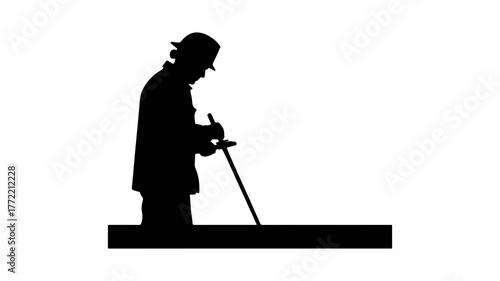 Silhouette of elderly man with walking stick with transparent background