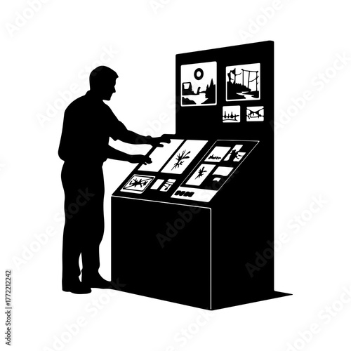 Operator controlling machinery with screens and controls
