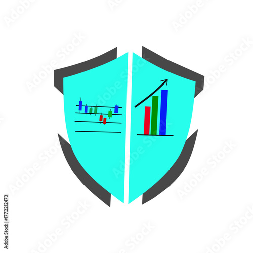 Vector shield with financial chart and growth bar graph, symbolizing data protection, financial security, and investment safety concept