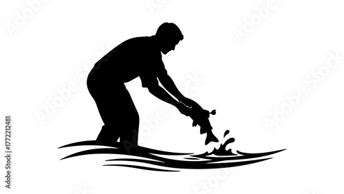 Fisherman casting line in water with transparent background