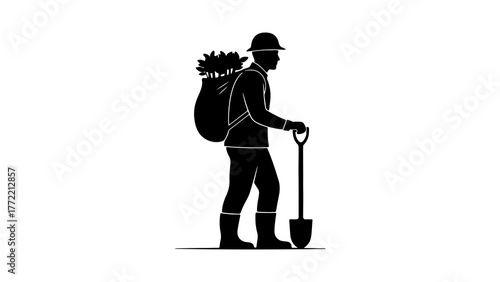 Miner with shovel and backpack with transparent background