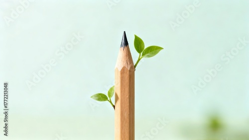 A sharpened wooden pencil with small green leaves sprouting from its body