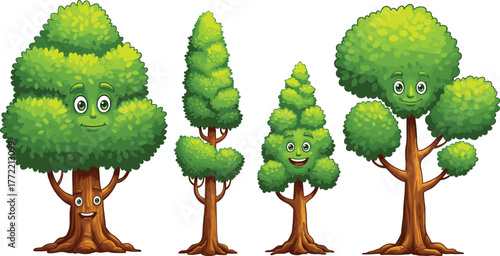Cartoon green trees with smiling faces, happy nature illustration, forest environment design, cute character vector, eco friendly landscape artwork.