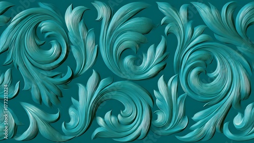 Abstract, deeply embossed wallpaper texture featuring continuous, ornate acanthus leaf or floral scroll patterns in a rich dark teal. The intricate surface design suggests luxury and classic elegance.