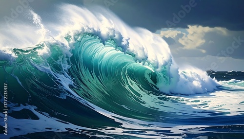 Fototapeta Naklejka Na Ścianę i Meble -  Large, powerful ocean wave crashing, displaying turquoise color