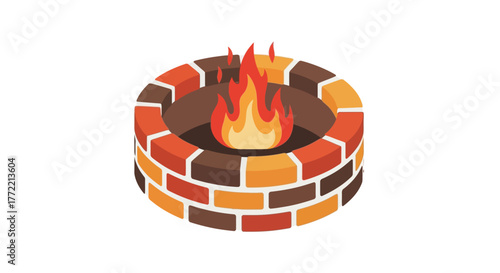 Isometric illustration of a brick fire pit with burning flames inside