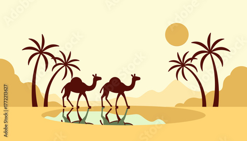 Two camels walking near oasis under sun with palm trees in desert  
