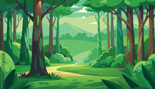 Enchanting forest path winding through lush green trees and rolling