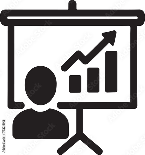 Business analytics presentation board icon representing data analysis, strategy, and performance report.