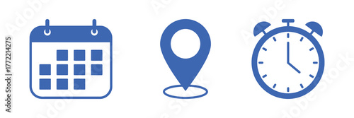 Calendar, location pin, and alarm clock icons representing time and place