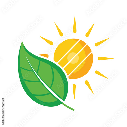 Green leaf and sun icon with transparent background Keywords: leaf, green, sun, yellow, orange, nature, ecology, growth, energy, environment