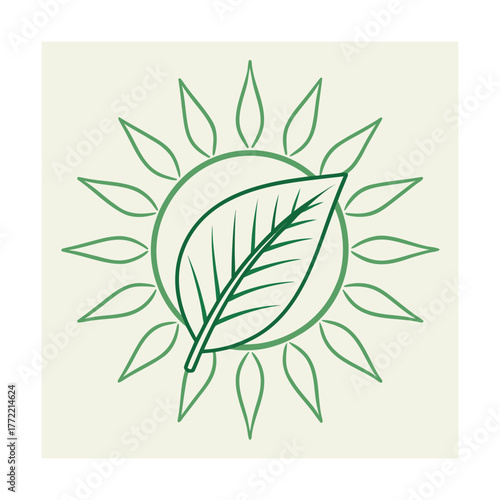 Green leaf inside a sun outline on a cream background Keywords: leaf, green, sun, outline, nature, ecology, organic, growth, energy, environment