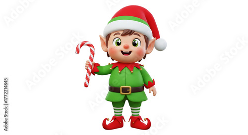 Christmas Elf Holding Candy Cane (Transparent Background)