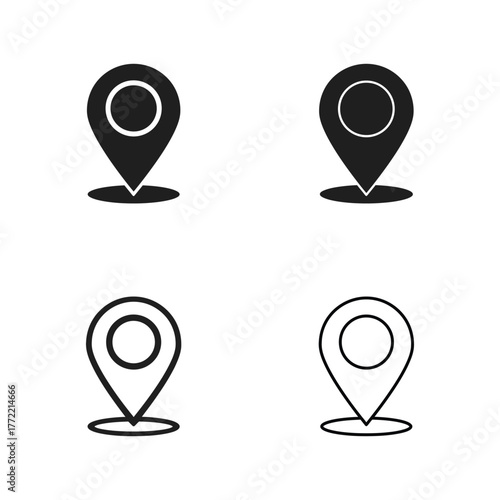 Collection of four black and white location map pin icons for navigation and search