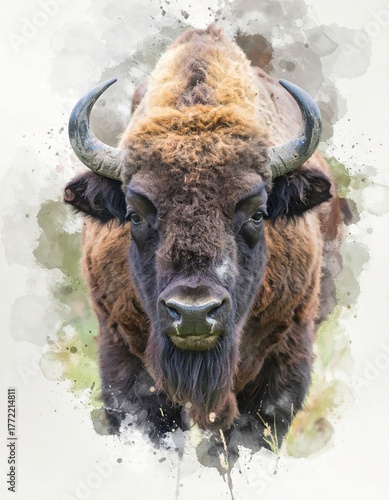 Watercolor Bison Portrait - Majestic Animal in Artistic Style.