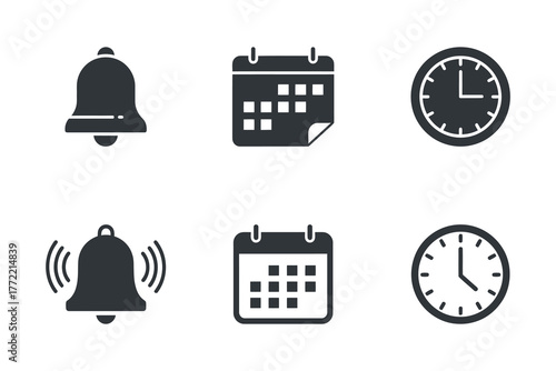 Concept of essential digital icons for time management, notification alerts, and scheduling important events with clarity for user interfaces