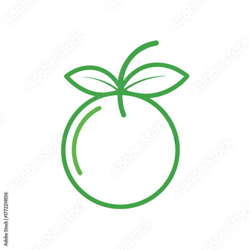 Green line art icon of an orange with two leaves on white background Keywords: orange, fruit, citrus, leaf, stem, green, line art, icon, logo