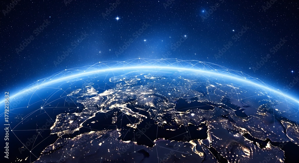 Fototapeta premium Earth at night, illuminated by city lights, showing Europe and the Mediterranean, with a network of lines above.